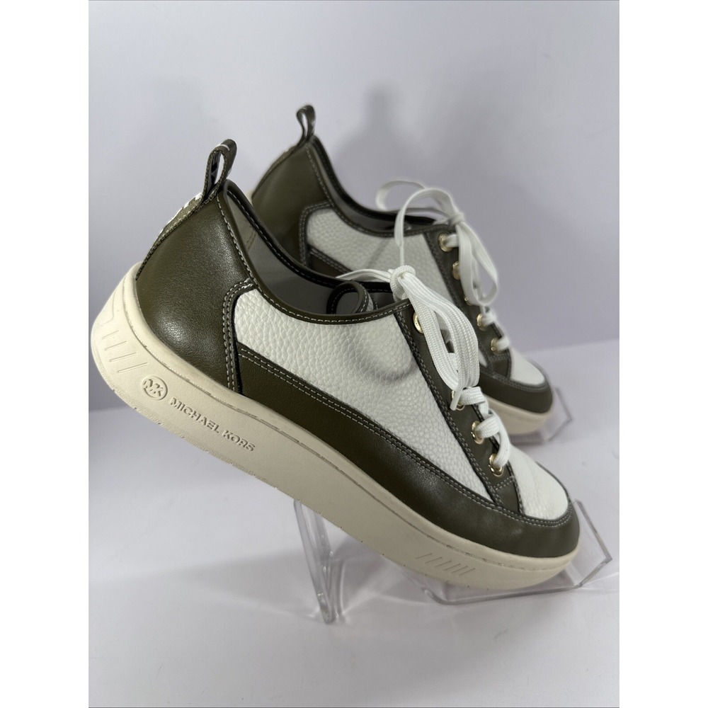 Michael Kors Shea Two Tone‎ Lace Up Sneaker Olive Green White Size 8